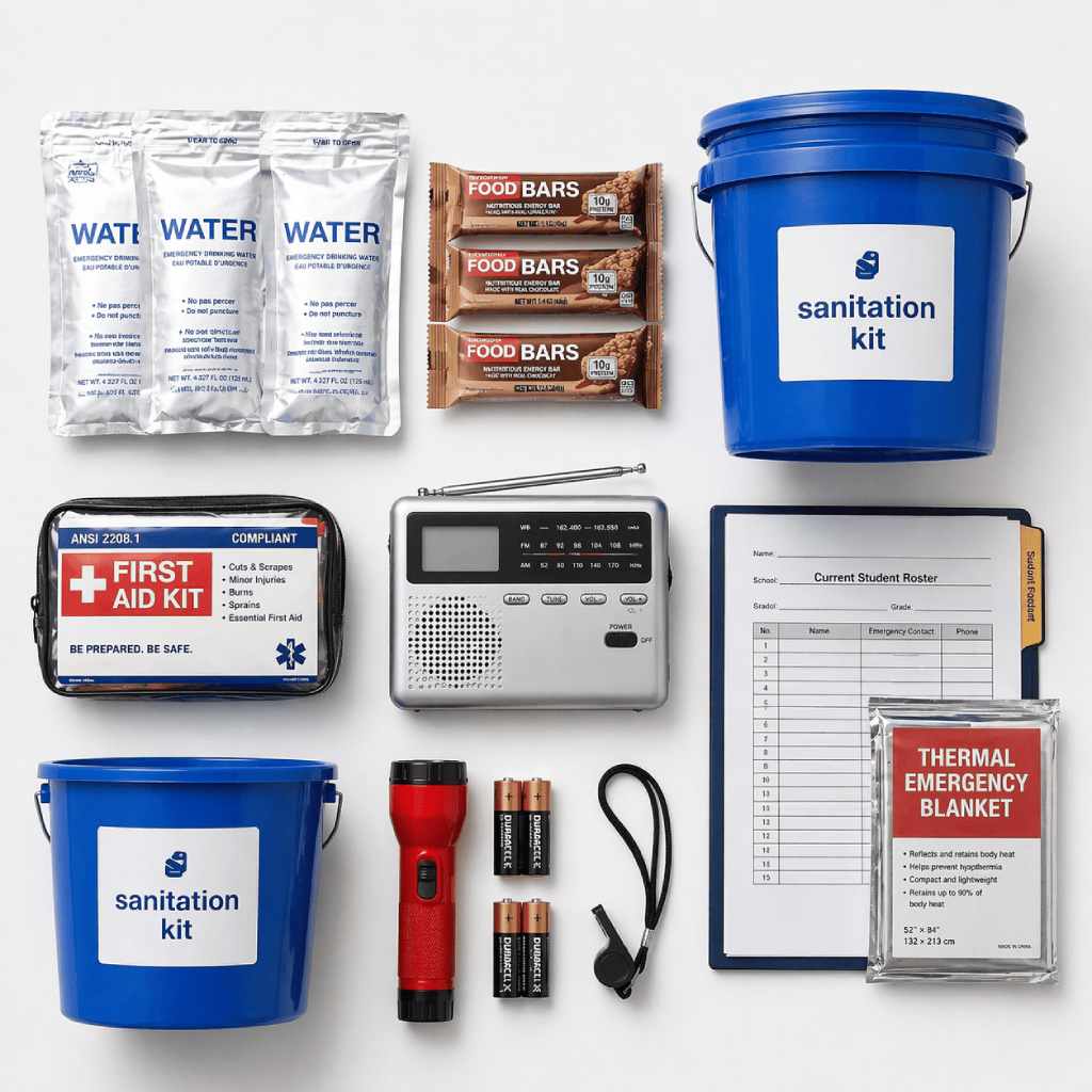 Core contents of a standard school emergency kit, including water, food, first aid, sanitation supplies, radio, and lighting, organized on a white surface, square image.